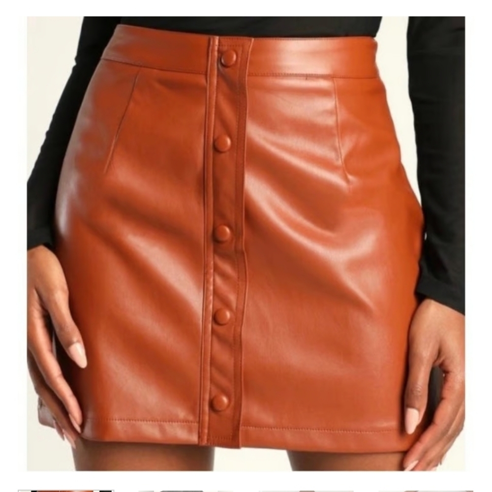 Lulus Vegan Leather Brown Clay Button Front Mini Skirt
